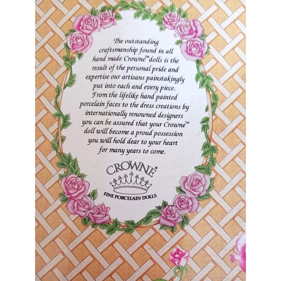 Vintage Doll Collectible Fine Porcelain Doll by Crowne 1999 Collector Doll 15" - Picture 8 of 9